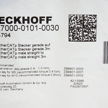 Beckhoff ZK7000-0101-0030 EtherCAT P-Leitung 3m/ Neu OVP