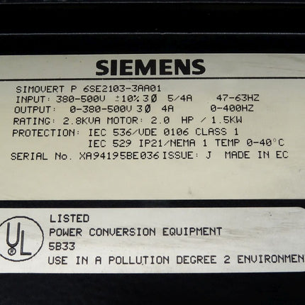 Siemens Simovert P 6SE2103-3AA01 / 6ES2 103-3AA01 Frequenzumrichter