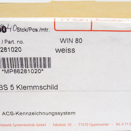 Murrplastik 86281020 BS5 Klemmenschild / Inhalt : 40 Stück / Neu OVP