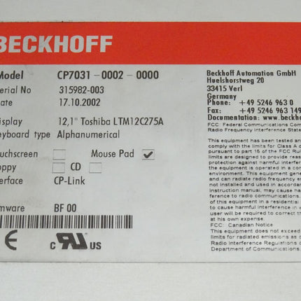 Beckhoff CP7031-0002-0000 CP-Link Interface Control 12,1" Panel