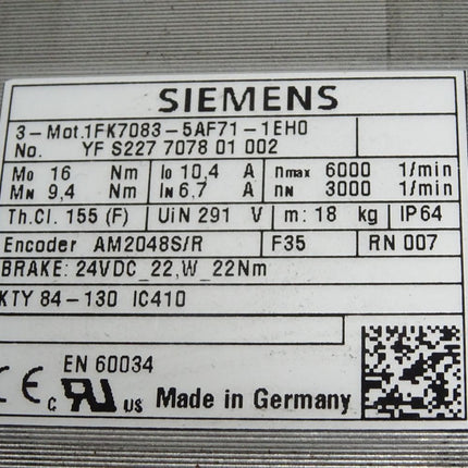 Siemens Simotics Servomotor 1FK7083-5AF71-1EH0 3000/min / Neu