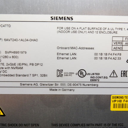 Siemens Simatic Panel IPC477D 6AV7240-1AL04-0HA0 12"-Touch 80GB SSD Neu OVP