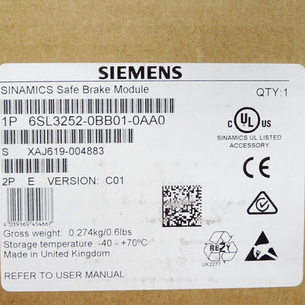 Siemens 6SL3252-0BB01-0AA0 SINAMICS SAFE Bremsrelais / Neu OVP