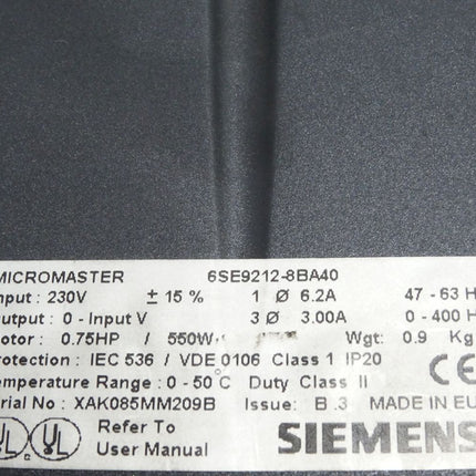 Siemens Micromaster 6SE9212-8BA40 0.75HP 550W