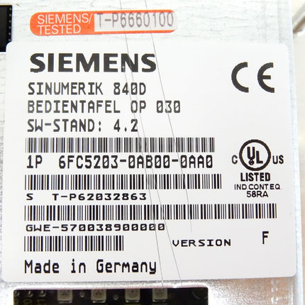 Siemens Sinumerik 840D Bedientafel OP 030 SW 4.2 6FC5203-0AB00-0AA0 Version F