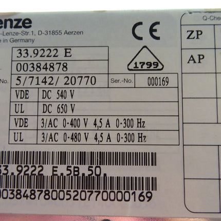 Lenze 9220 Servoregler 33.9222-E.5B.50 Achsmodul 00384878