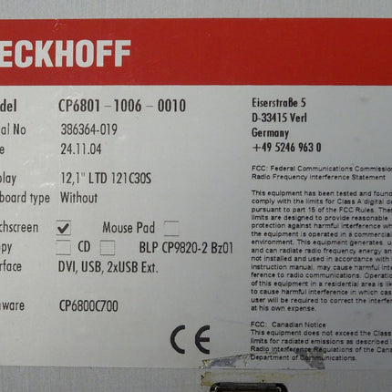 BECKHOFF CP6801-1006-0010 Touchpanel CP 6801 1006 0010