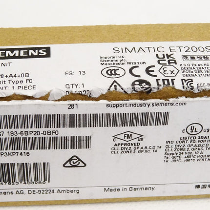 Siemens ET200SP Base Unit 6ES7193-6BP20-0BF0 6ES7 193-6BP20-0BF0 Neu OVP