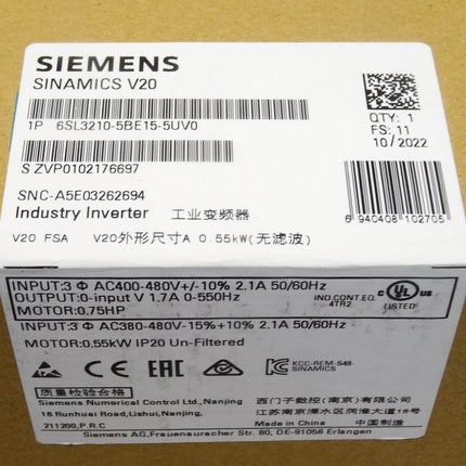 Siemens Sinamics V20 6SL3210-5BE15-5UV0 6SL3 210-5BE15-5UV0 / Neu OVP versiegelt