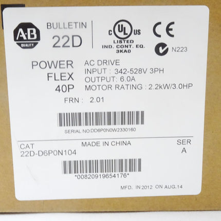 Allen-Bradley 22D-D6P0N104 / Power Flex 40P / 2.2KW