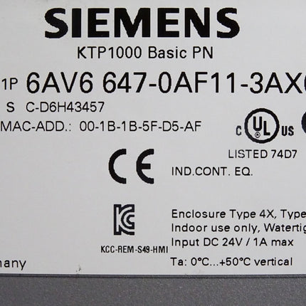 Siemens KTP1000 Basic Panel 6AV6647-0AF11-3AX0 6AV6 647-0AF11-3AX0