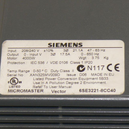 Siemens Micromaster 6SE3221-8CC40 / 6SE3 221-8CC40 208/240V