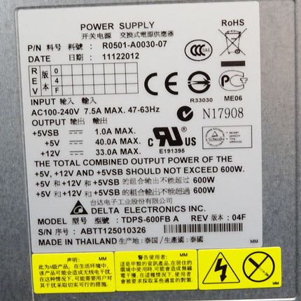 Delta Electronics R051-A0030-07 Power Supply 600W TDPS-600FB