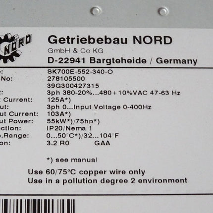 NORD Getriebebau Frequenzumrichter SK700E-552-340-O 278105500 55kW