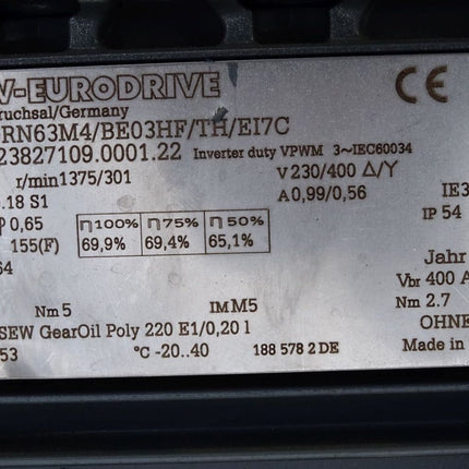 SEW Eurodrive Getriebemotor R07 DRN63M4/BE03HF/TH/EI7C 01.8123827109.0001.22 1375/301r/min 0.18kW i 4,57 Neuwertig