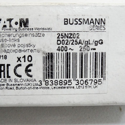 Eaton Bussmann Sicherungseinsätze 25NZ02 400VAC 25A / Inhalt:10 Stück / Neu OVP