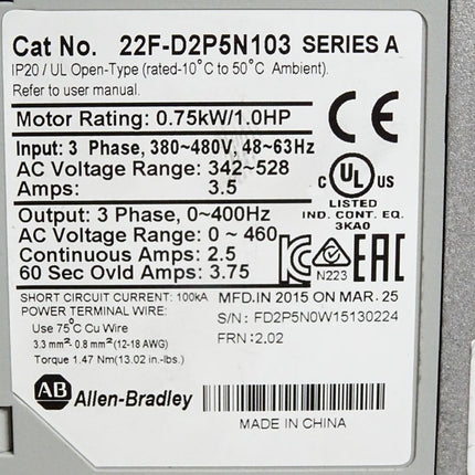 Allen Bradley PowerFlex 4M 22F-D2P5N103 0.75kW