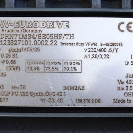 SEW Eurodrive Getriebemotor S37 DRN71MS4/BE05HF/TH 01.8123827101.0002.22 1405/25r/min 0.25kW i 55,93