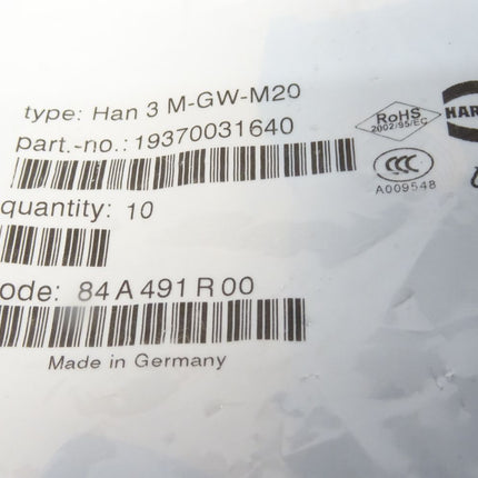 Harting Han 3 M-GW-M20 / 19370031640 / Inhalt : 10 Stück / Neu OVP versiegelt