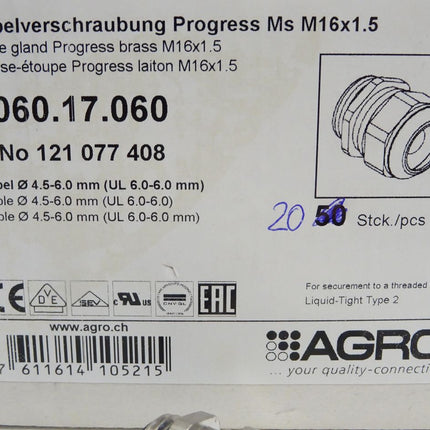 Agro Kabelverschraubung Progress Messing M16x1.5 1060.17.060 / Inhalt:20 Stück / Neu OVP