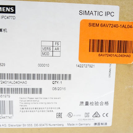 Siemens Simatic Panel IPC477D 6AV7240-1AL04-0HA0 12"-Touch 80GB SSD Neu OVP