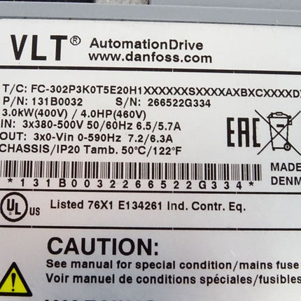 Danfoss VLT Automation Drive 131B0032 FC-302P3K0T5E20H1 3.0kW - Maranos.de