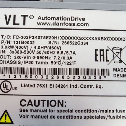 Danfoss VLT Automation Drive 131B0032 FC-302P3K0T5E20H1 3.0kW