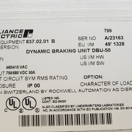 Reliance Electric Dynamic Braking Unit DBU-50 837.02.01 B