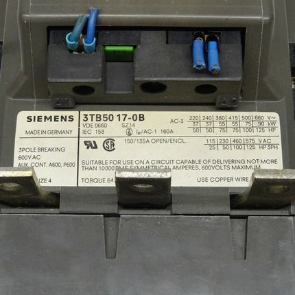 Siemens 3TB5017-0B Leistungsschütz 90kW / 600V AC / 3 Pol /  3TB5 017-0B