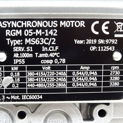 Getriebemotor MS63C/2 RGM05-M-142 0.18kW 2730-3280rpm 10:1 / Neu