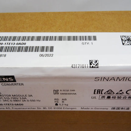 Siemens Sinamics Frequency Converter 6SL3120-1TE13-0AD0 / Neu OVP versiegelt