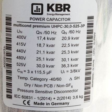 KBR Power Capacitor 400V 50Hz 17.4kvar multicond premium UHPC-30,0-525-3P