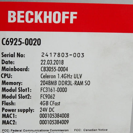 Beckhoff C6925-0020  Lüfterloser Schaltschrank-Industrie-PC mit Compact-Flash-Karte und Lizenz