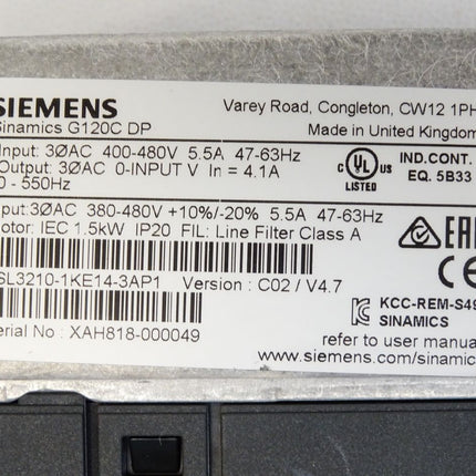 Siemens Sinamics G120C DP Frequenzumrichter 1.5kW 6SL3210-1KE14-3AP1