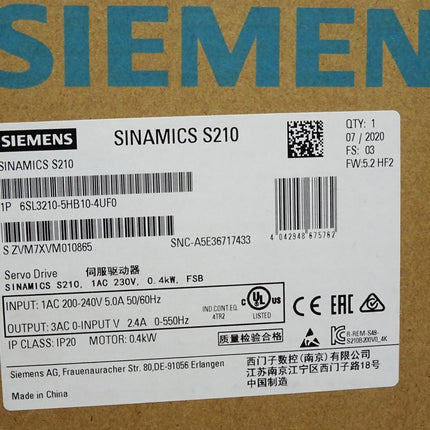 Siemens Sinamics S210 6SL3210-5HB10-4UF0 0.4kW / Neu OVP