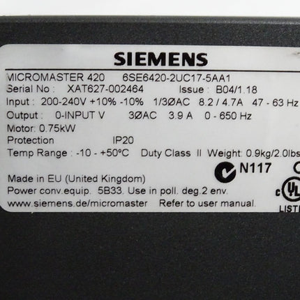 Siemens Micromaster 420 6SE6420-2UC17-5AA1 0.75kW