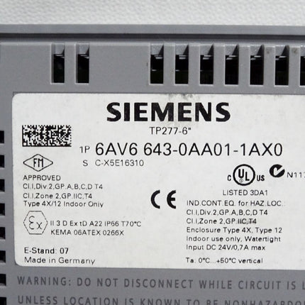 Siemens TP277 Touchpanel -6" 6AV6643-0AA01-1AX0 6AV6 643-0AA01-1AX0