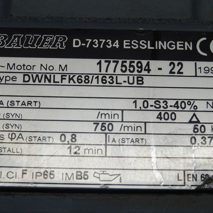 Bauer DWNLFK68/163L-UB 0,37 A / kW / 750 U/min Motor