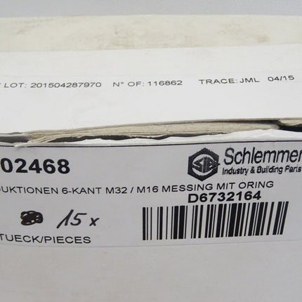 Schlemmer Reduktionen 6-Kant M32/M16 Messing mit Oring / 6102468 / Inhalt : 15 Stück / Neu OVP