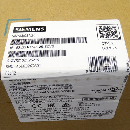 Siemens Sinamics V20 6SL3210-5BE25-5CV0 6SL3 210-5BE25-5CV0  / Neu OVP versiegelt