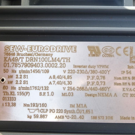 SEW Eurodrive Getriebemotor KA49/T DRN100LM4/TH 01.7857909403.0002.20 r/min1456/109 2.2kW i13,38 / Neu mit Lagerspuren