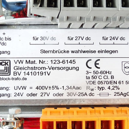 Block Trafo Transformator 123-6145 BV1410191V Gleichstrom-Versorgung 400V auf 24/27V