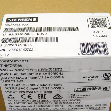 Siemens Sinamics V20 6SL3210-5BE23-0UV0 6SL3 210-5BE23-0UV0 / Neu OVP versiegelt