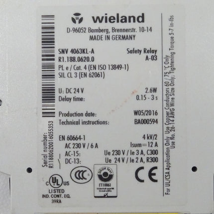 Wieland SNV 4063KL-A Safety Relay A-03 R1188.0620.0 Sicherheitsrelais