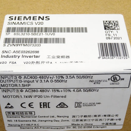 Siemens Sinamics V20 6SL3210-5BE21-1UV0 6SL3 210-5BE21-1UV0 / Neu OVP versiegelt