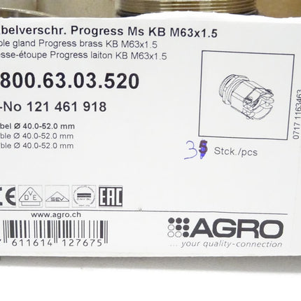 Agro Kabelverschraubung Progress Messing KB M63x1.5 1800.63.03.520 / Inhalt : 3 Stück / Neu OVP