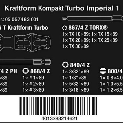 Wera 05057483001 Kompakt Turbo Imperial 1 Bit-Set 15teilig 1/4"