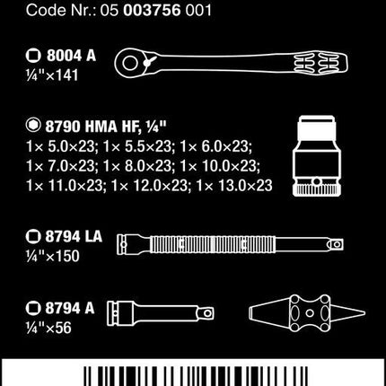 Wera 05003756001 Zyklop Steckschlüsselsatz metrisch 1/4" 13teilig metal Ratsche