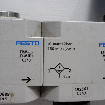 Festo 170682 Einschaltventil HE-D-MIDI + 170685 Abzweigmodul FRM-D-MIDI + 192561 Filter LF-D-5M-MIDI-A + 162586 LR-1/2-D-7-MIDI Druckregelventil