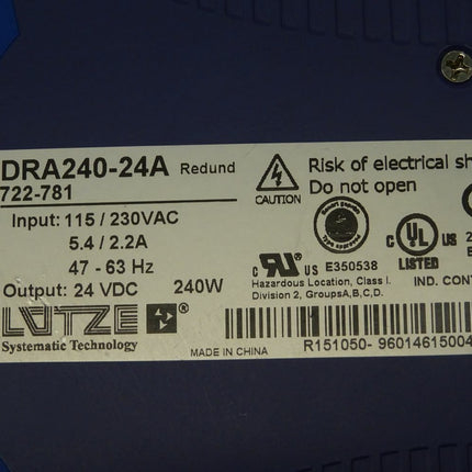 Lutze DRA240-24A / 722-781 / 722781 / Power Supply 24VDC